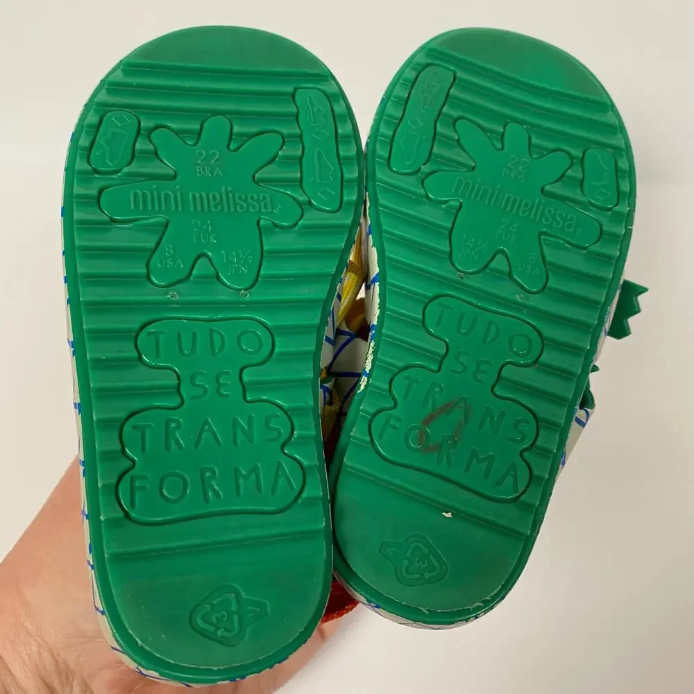 Mini Melissa White Blue Grid Sandals with Yellow, Green & Red Accents